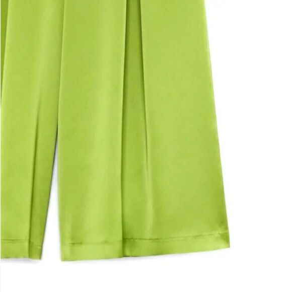 Green Zara Satin-Effect High-Waisted Pleated-Front Palazzo Wide Leg Pants (NWT) - Picture 8 of 10